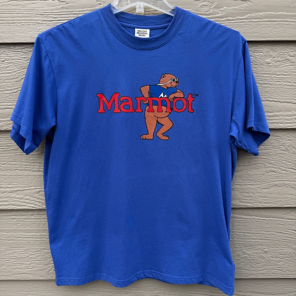 Marmot Mountain Works Leaning Marty Bear Graphic T Shirt Mens Large Blue Fun Tee - Picture 2 of 7